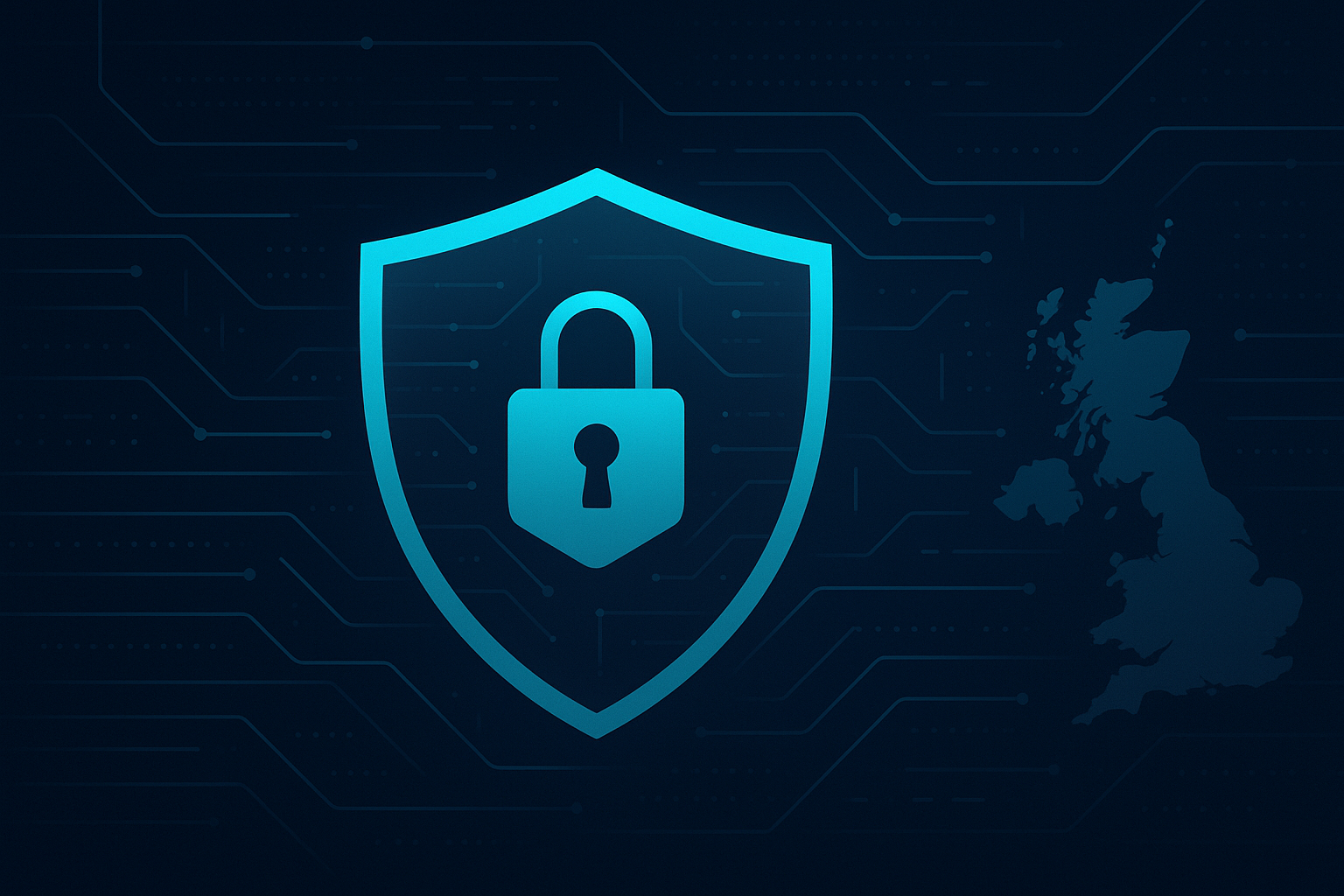 Abstract shield over data flows representing AI governance and privacy for UK organisations